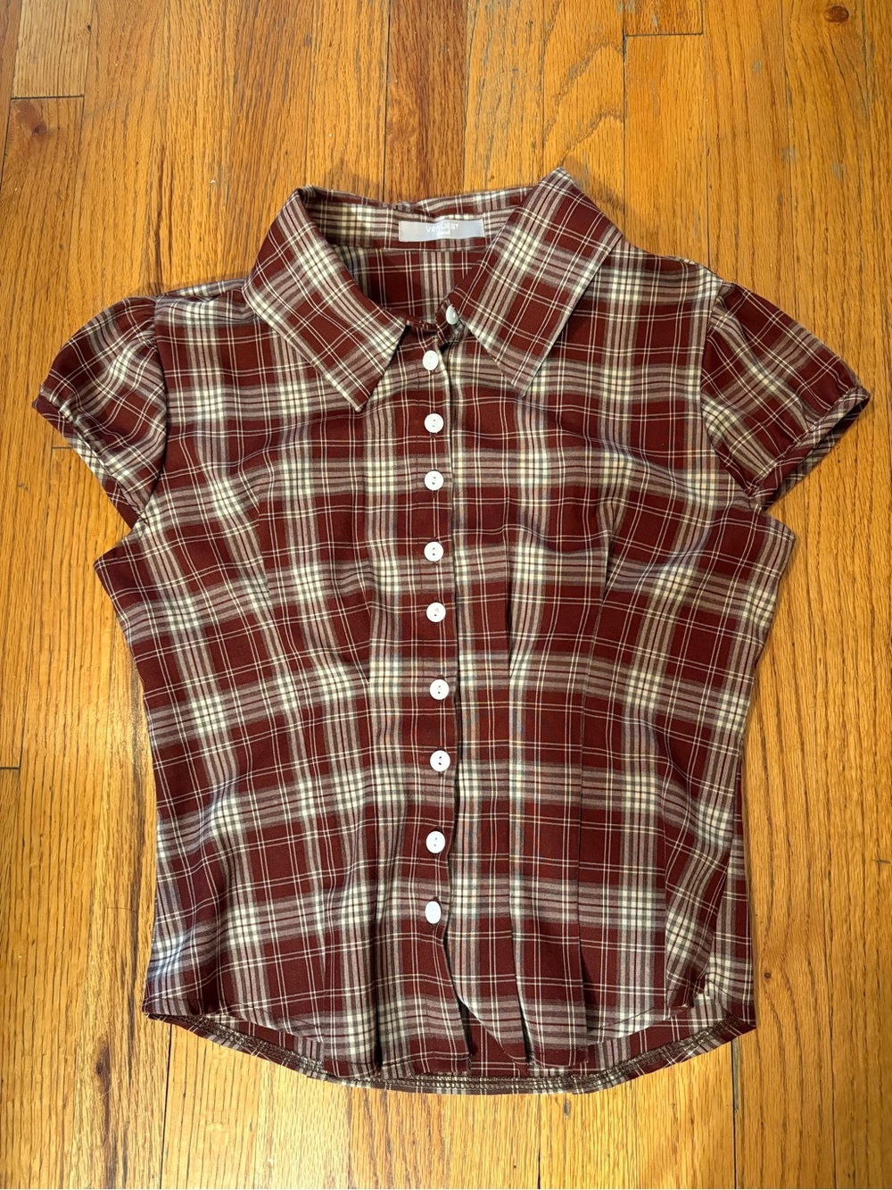 burgundy plaid puff sleeve top